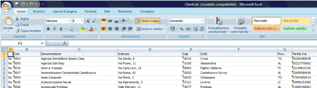Excel - Clienti esportati da EasyFatt